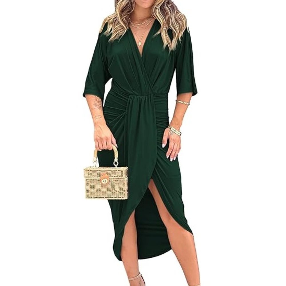 PRETTYGARDEN Ruched Bodycon Dress Short Sleeve Twist Front V Neck. f03